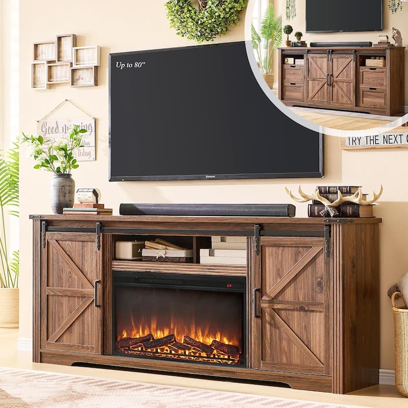 Farmhouse Fireplace TV Stand for 80 Inch TV, Entertainment Center - Brown