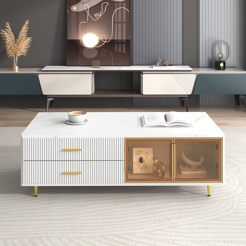 Modern 47.2" Coffee Table with 2 Glass Door Storage, 4 Drawers, Wooden Decorative Cocktail Table with Gold Metal Legs - White
