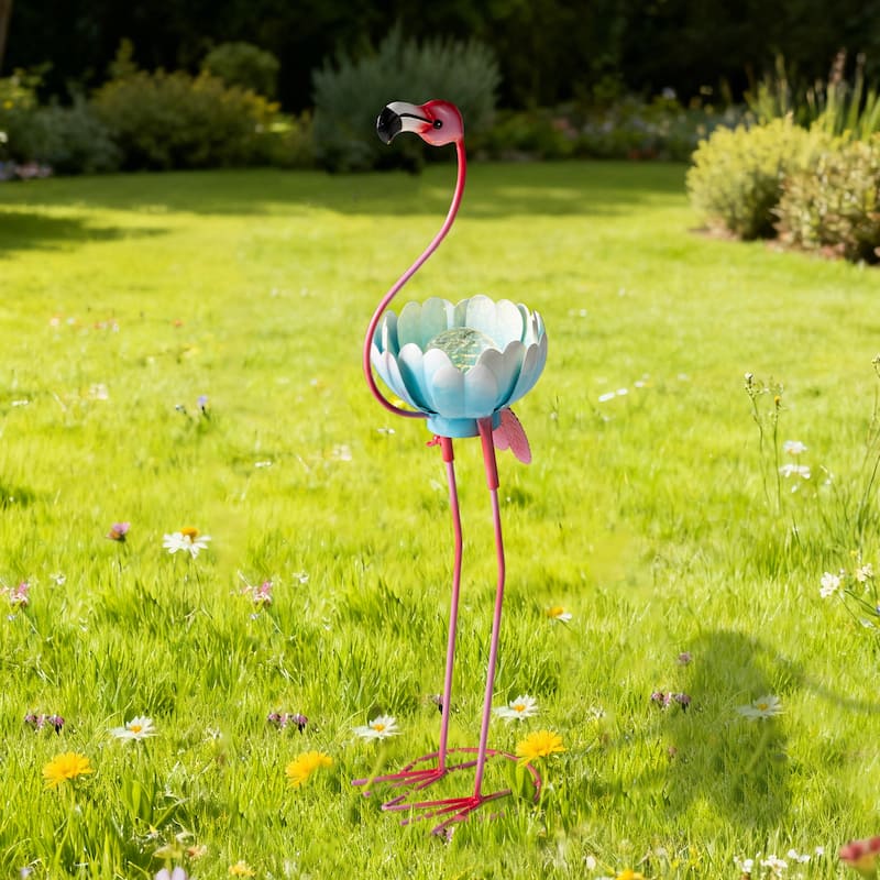  Glitzhome 26.25"H Standing Flamingo Solar Lighting Metal Statue for Outside Patio Lawn Balcony Backyard Decorations