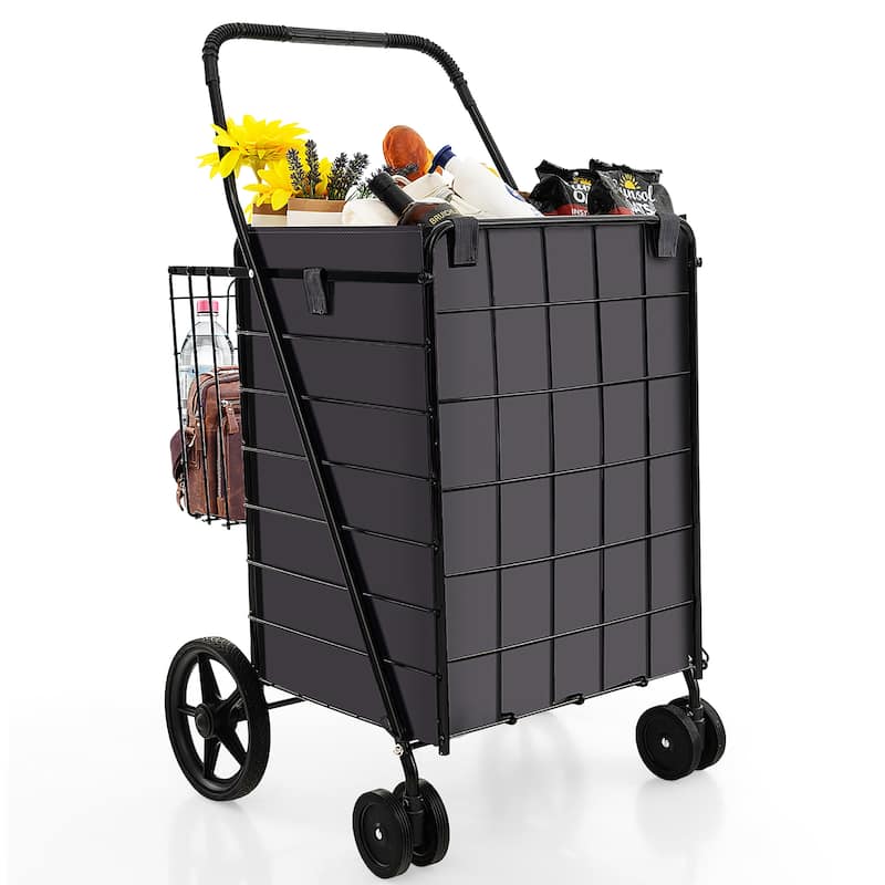 Gymax Folding Shopping Cart Utility Double Basket Grocery Cart w/