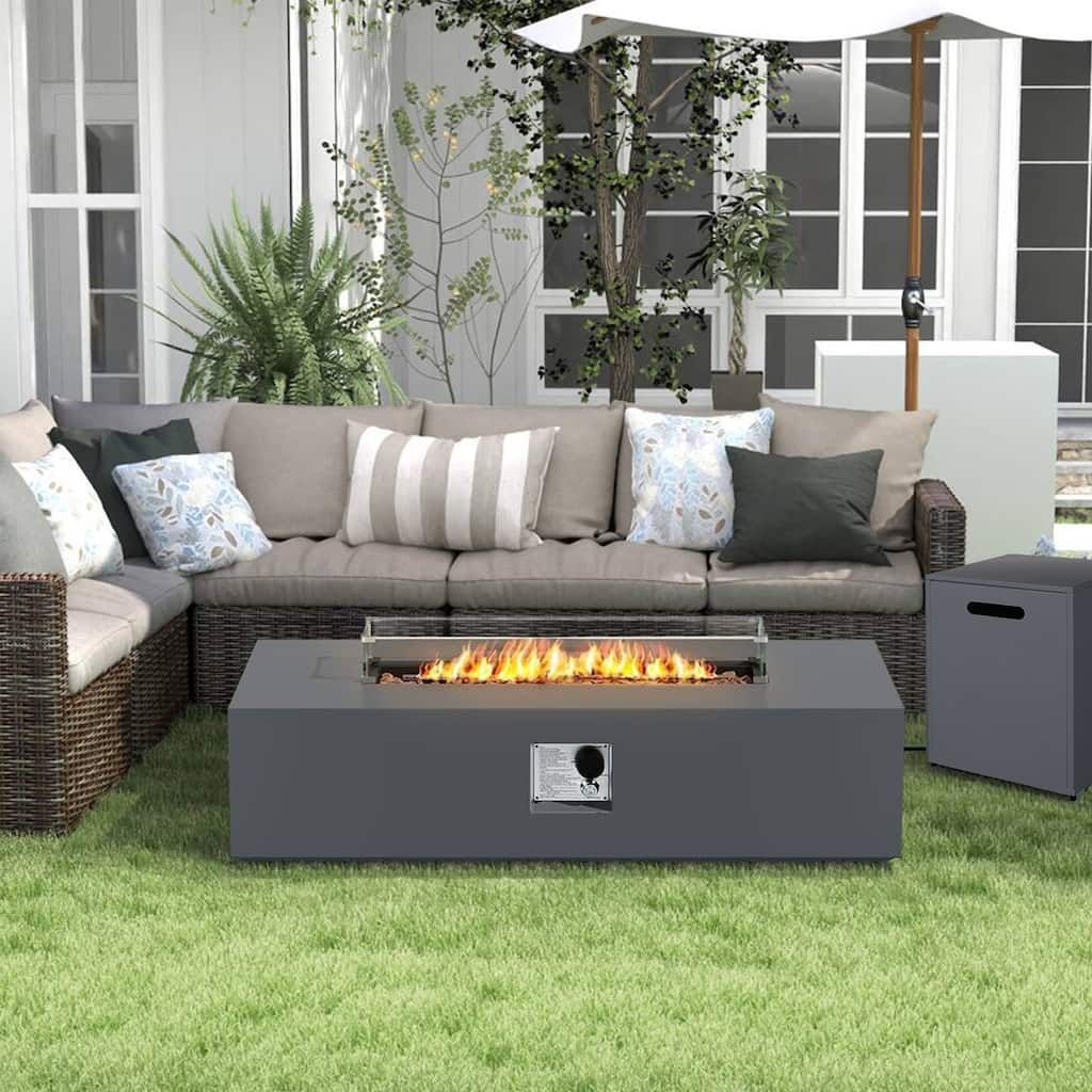 UPHA 56 Inch Outdoor Propane Fire Pit Table, 50,000 BTU Iron Rectangular Gas Fire Pits with Tank Cover, Lid and Wind Guard