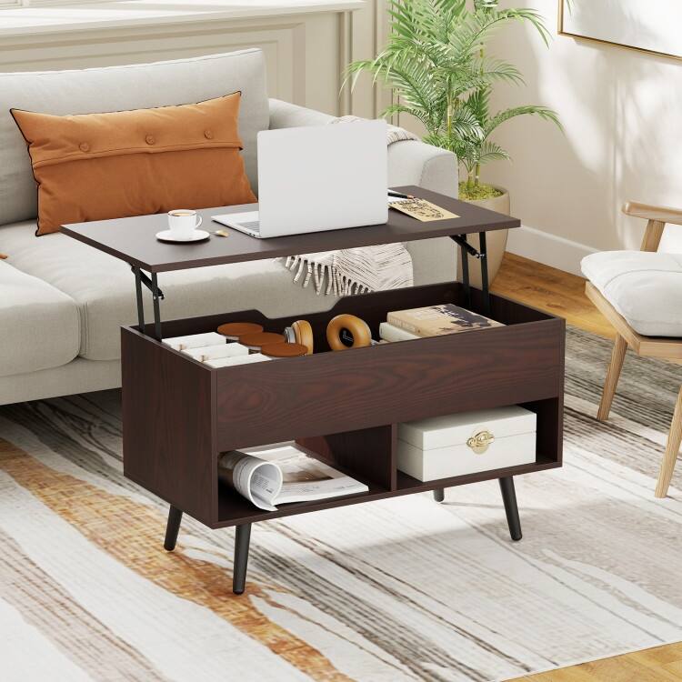 31.5 Inch Lift Top Coffee Table with Hidden Compartment and 2 Storage Shelves - 31.5" x 15.5" x 17.5" (L x W x H)