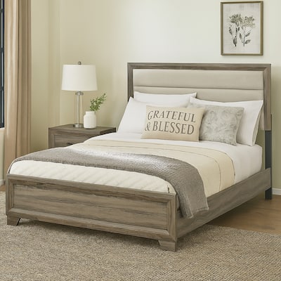 Reay Queen Size Bed, Panel Headboard, Brown Wood Tufted Tan Upholstery