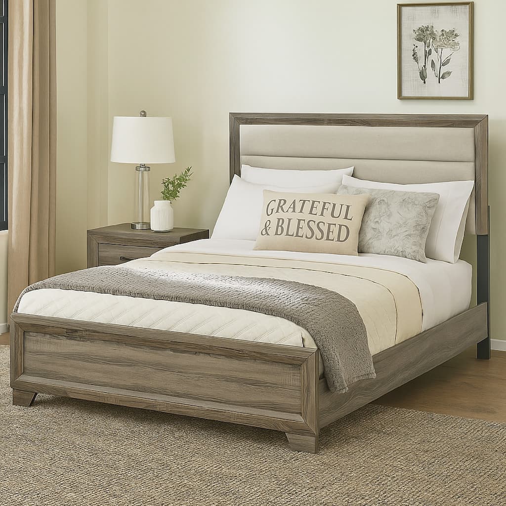 Reay Queen Size Bed, Panel Headboard, Brown Wood Tufted Tan Upholstery