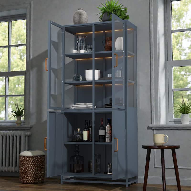 76.75 Inch Glass Display Cabinet with LED Lights, 3 Sided Tempered Glass Steel Curio Cabinet with Double Doors