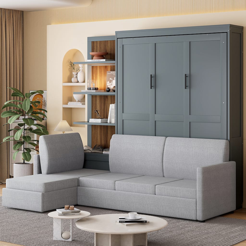 Queen Size Murphy Bed Dual Piston Folding Bed with Sofa and 3-Tier Storage Shelves, Convenient Storage Space Optimizing Wall Bed