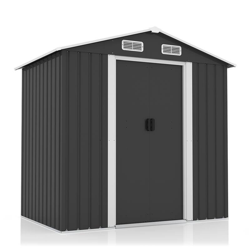 Large Outdoor Storage Shed Galvanized Iron Black with Slanted Roof and Double Sliding Doors - 77.36” x 51.57” x 73.82”