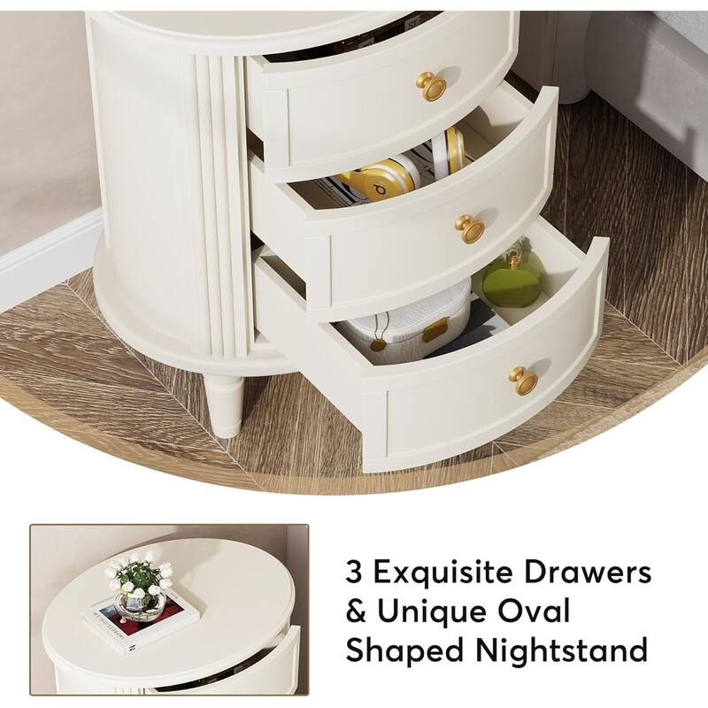 20" Oval Nightstand with 3 Drawers, Beige White