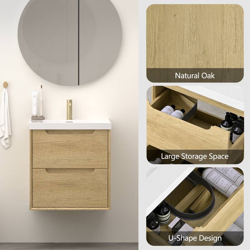 Solid Wood Bathroom Vanity with Integrated Resin Sink, Handle-Free Modern Design - 24"