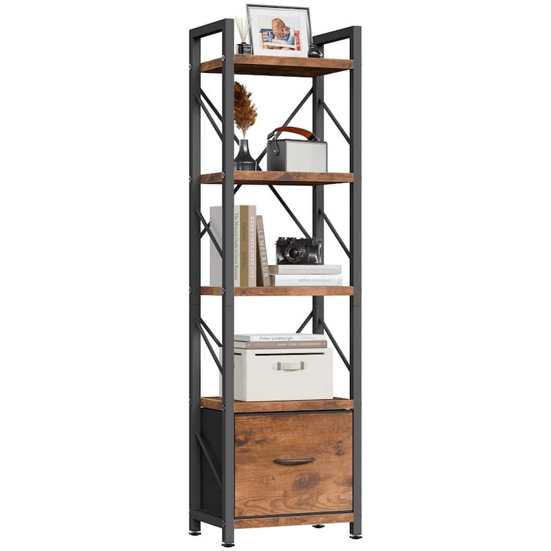 5-Tier Bookshelf with Fabric Drawer, Wood & Metal Storage Shelf