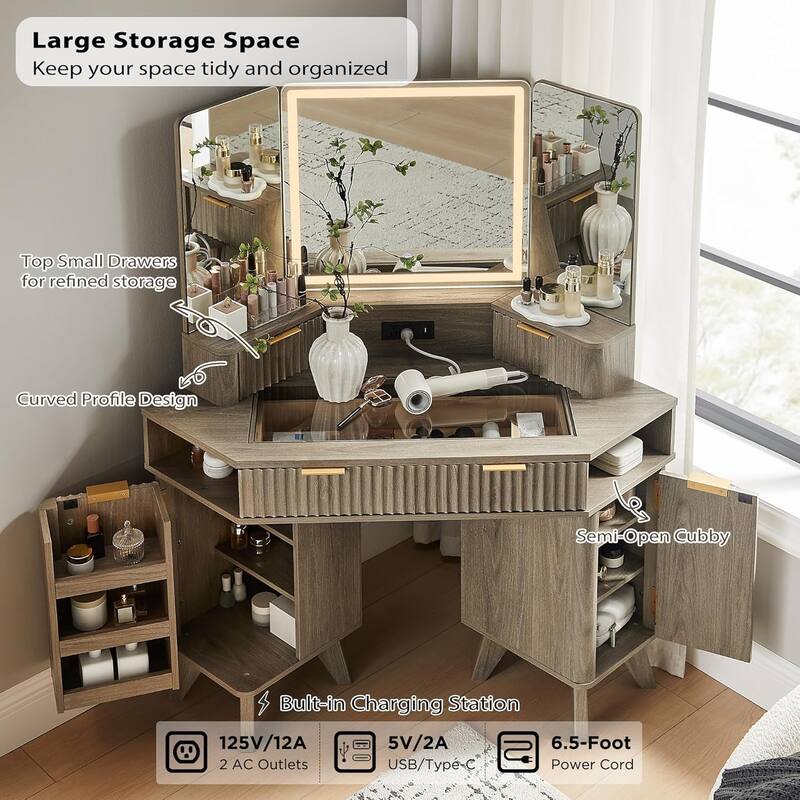 Modern Fluted Makeup Vanity Desk with 3 Way Mirror&Light, Vanity Table