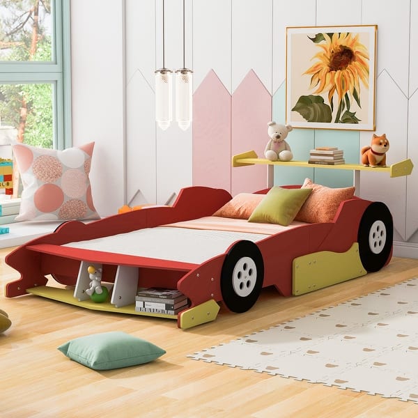 slide 2 of 13, Full Size Race Car-Shaped Platform Bed with Wheels Creative Wood Bed, Red Red