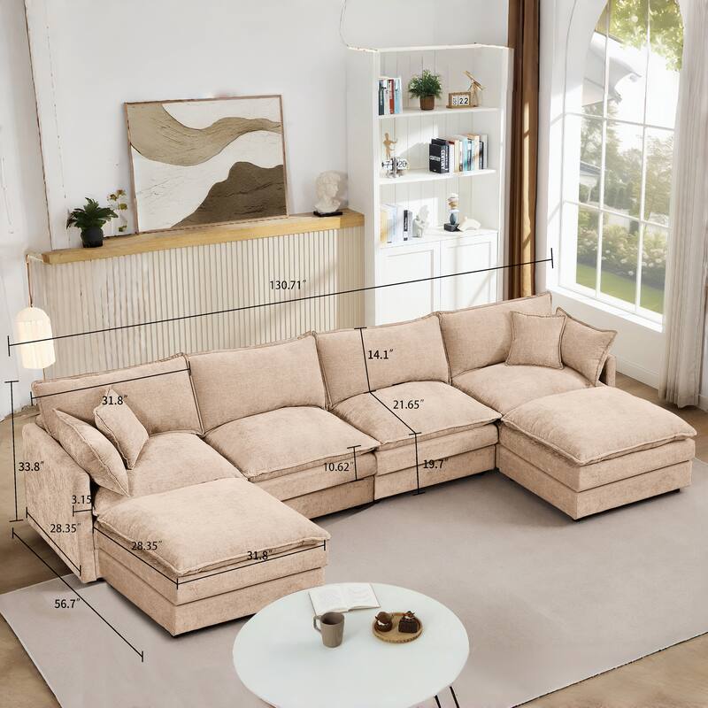 U Shaped Modular Sectional Sofa with Movable Ottoman, Comfy Chenille 4-Seater Cloud Couch, High-Resiliency Foam Deep Seat Sofa