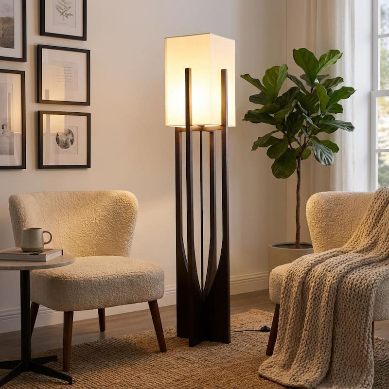 Solid Wood Modern Floor Lamp with Fabric Shade - 57 inch H - Dark Wood