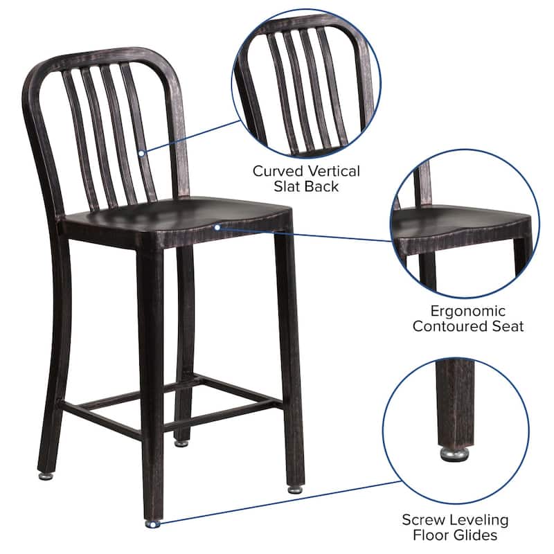 24'' High Metal Indoor-Outdoor Counter Height Stool with Vertical Slat Back