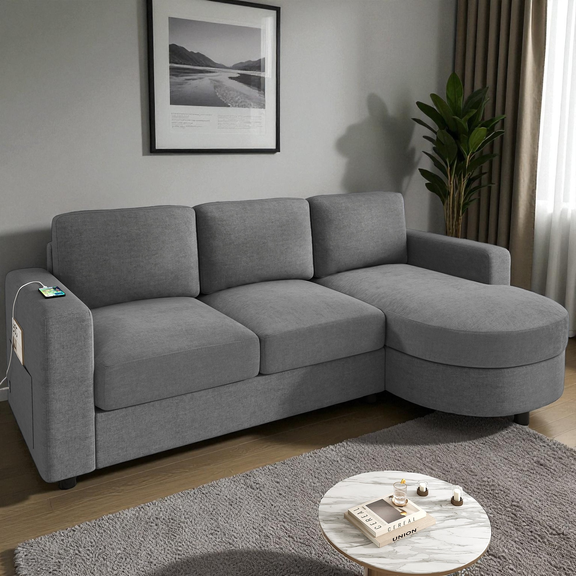 84.6" Modern L-Shaped Sectional Sofa with Curved Chaise Lounge, USB Ports and Storage Pockets, Chenille Couch for Living Room