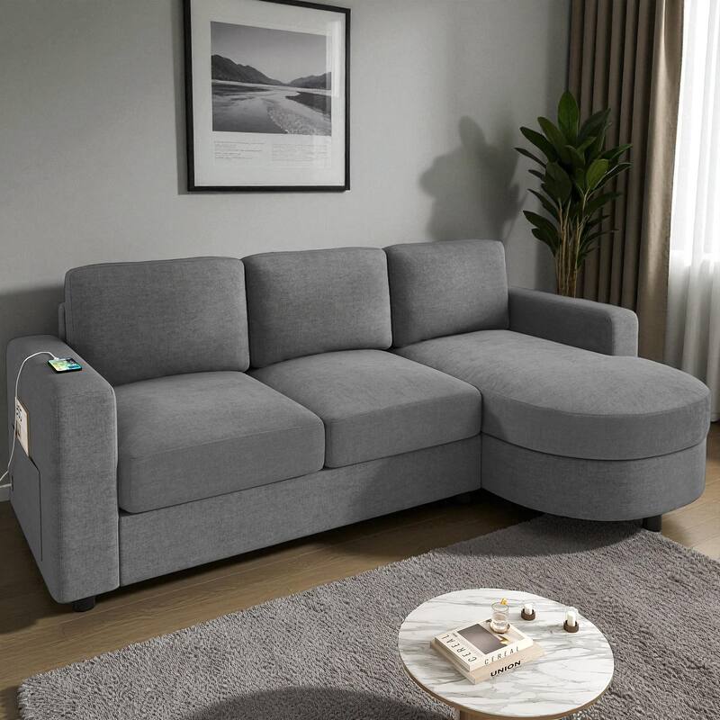 84.6" Modern L-Shaped Sectional Sofa with Curved Chaise Lounge, USB Ports and Storage Pockets, Chenille Couch for Living Room - Grey