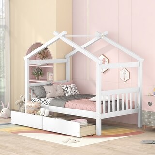 Twin Size Wooden House-Shaped Bed with Built-in Drawers for Creative Storage and Play
