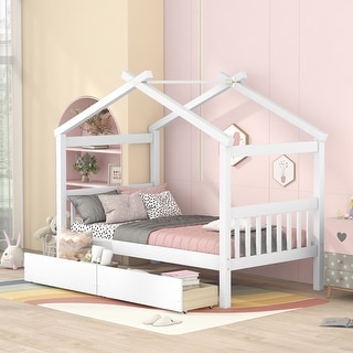 Whimsical Twin Size Pine Wood House Bed with Storage Drawers for Kids