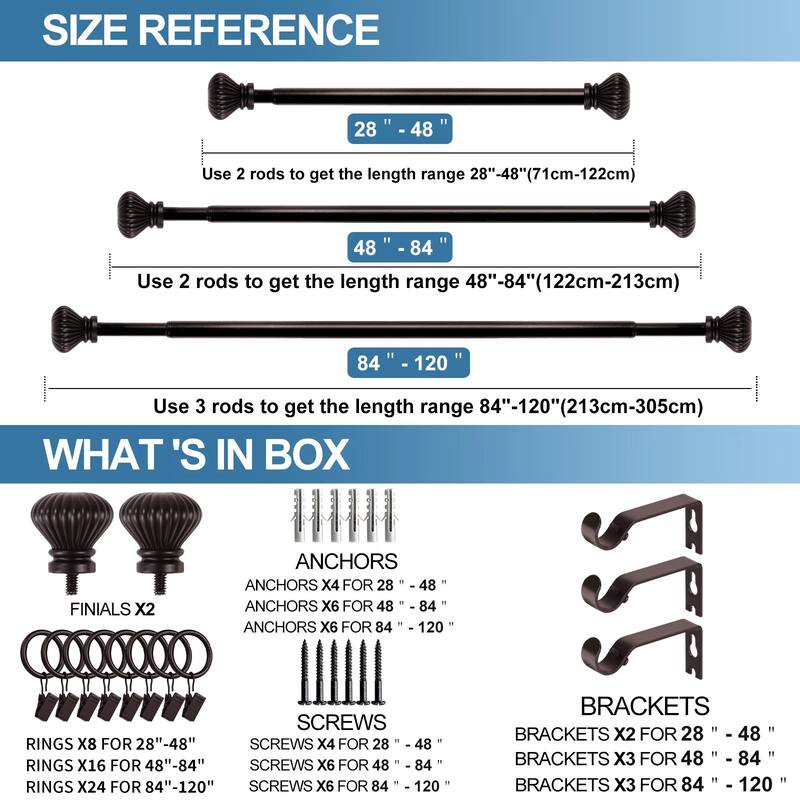 Modern Fluted Ball Adjustable Drapery Curtain Rod with Clip Rings