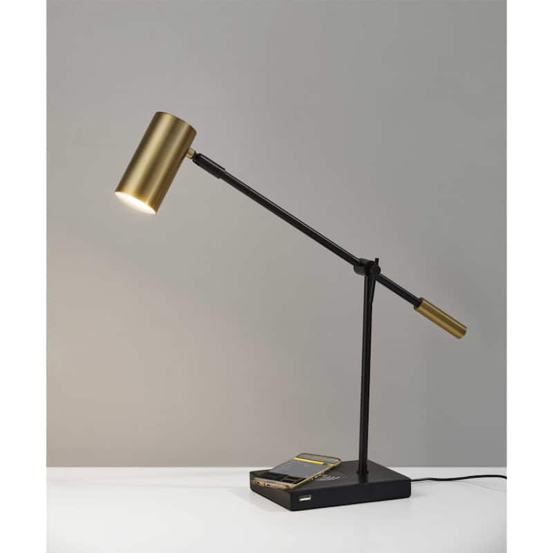 Black Metal Swing Arm LED Desk Lamp with Antique Gold Cylinder Shade USB Charging - 22.5” x 5” x 22.25” (D x W x H)