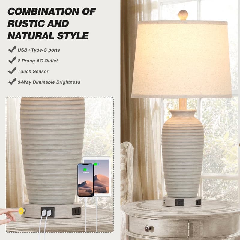 25'' Grey Modern Table Lamp with Dual USB Charging Ports 3000K Dimmable LED(Set of 2) - 12.5‘’ x 12.5'' x 25''