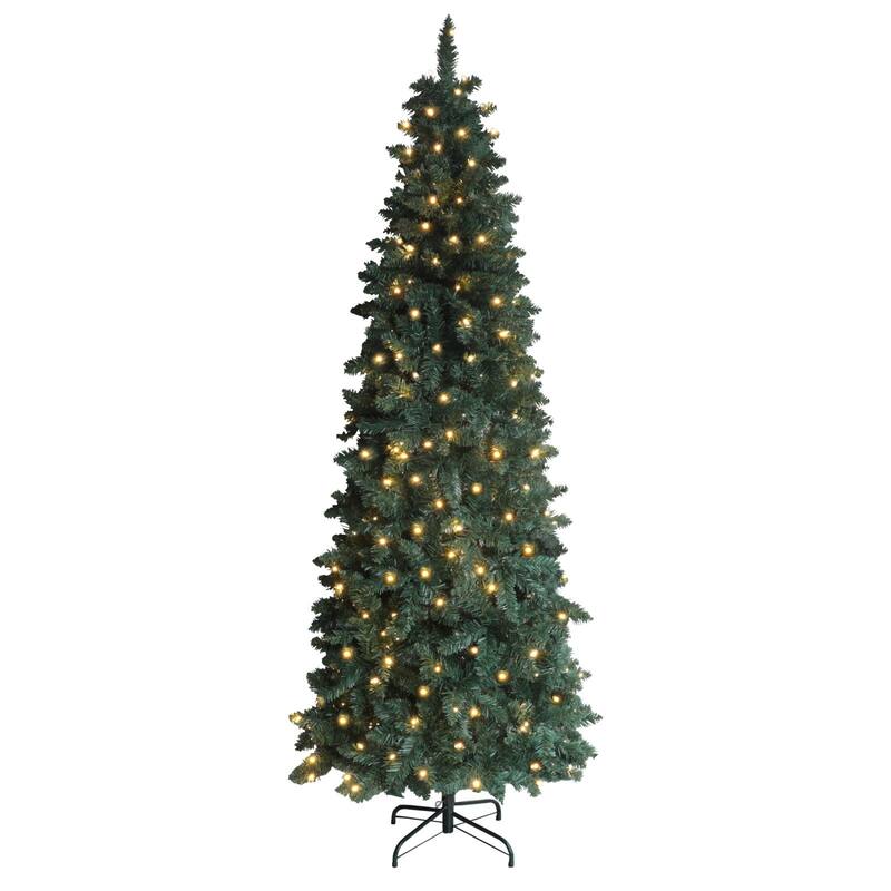 VEIKOUS Pre-Lit Artificial Christmas Tree Pencil Snow with Foldable Iron Stand with LED lights, 5.5/6.5/7.5 ft