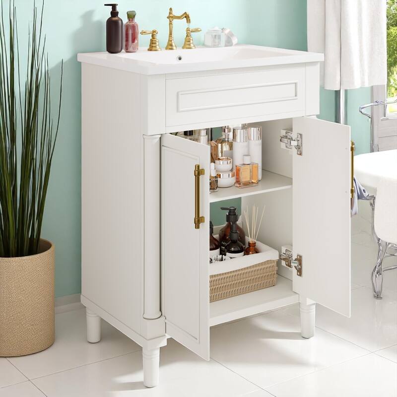 24" Bathroom Vanity with Ceramic Sink - Compact Cabinet with 2 Doors, Adjustable Shelf, Solid Wood Frame, Soft-Close Hinges