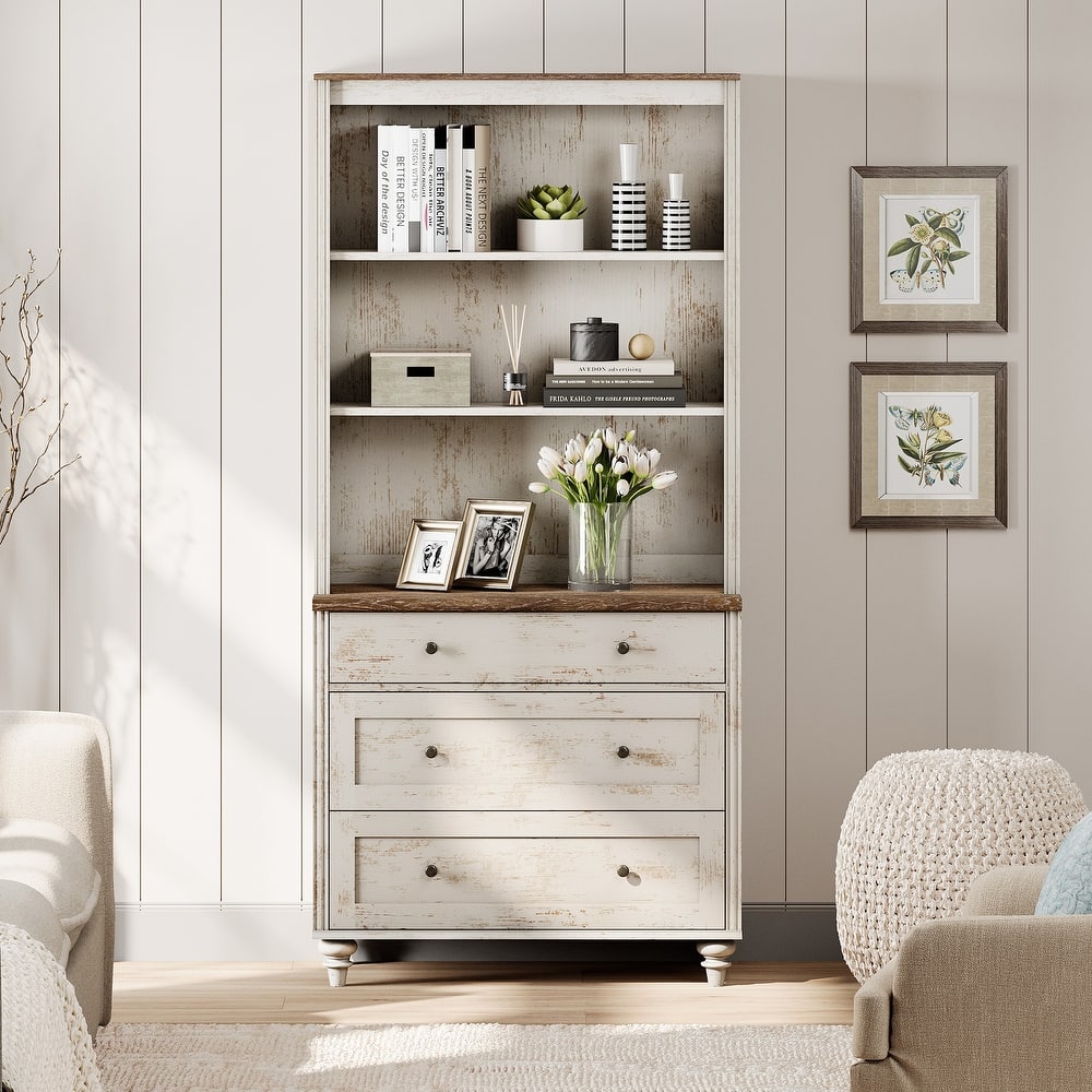Rustic White Bookcase with Doors, Large Wood Farmhouse Book Case Shelf