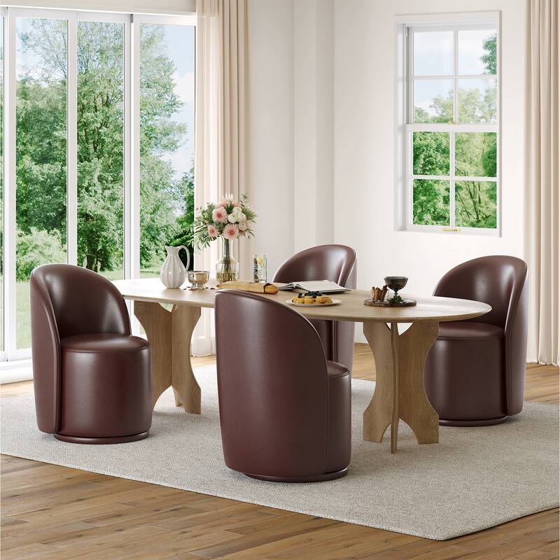 Modern Armless 360-Degree Swivel Dining Chair Barrel Chair - SET OF 4 - RED BROWN LEATHER