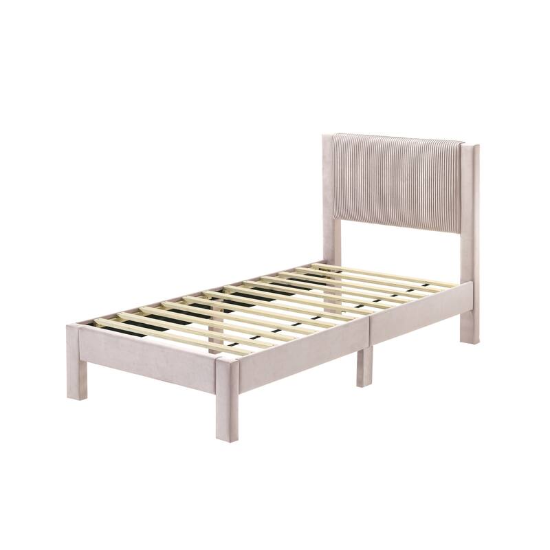 Twin Size Upholstered Platform Bed with Ribbed Plush Headboard, Low-Profile Frame for Youth Bedrooms