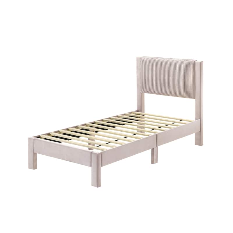 Twin Size Wood Platform Bed with Ribbed Upholstered Headboard and Low-Profile Frame