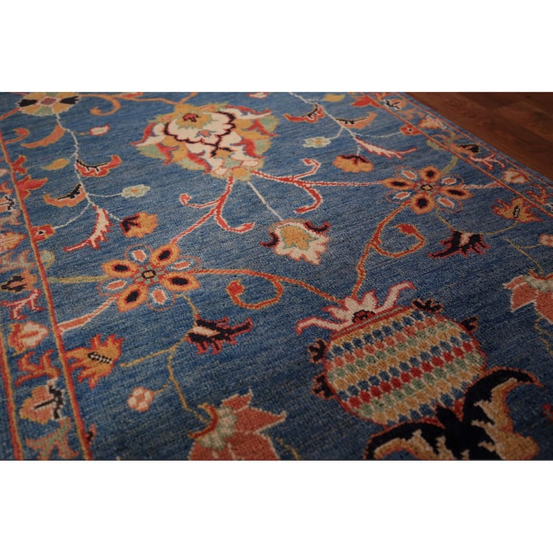 Blue Floral Ziegler Vegetable Dye Runner Rug Hand-Knotted Wool Carpet - 2'8" x 12'3"