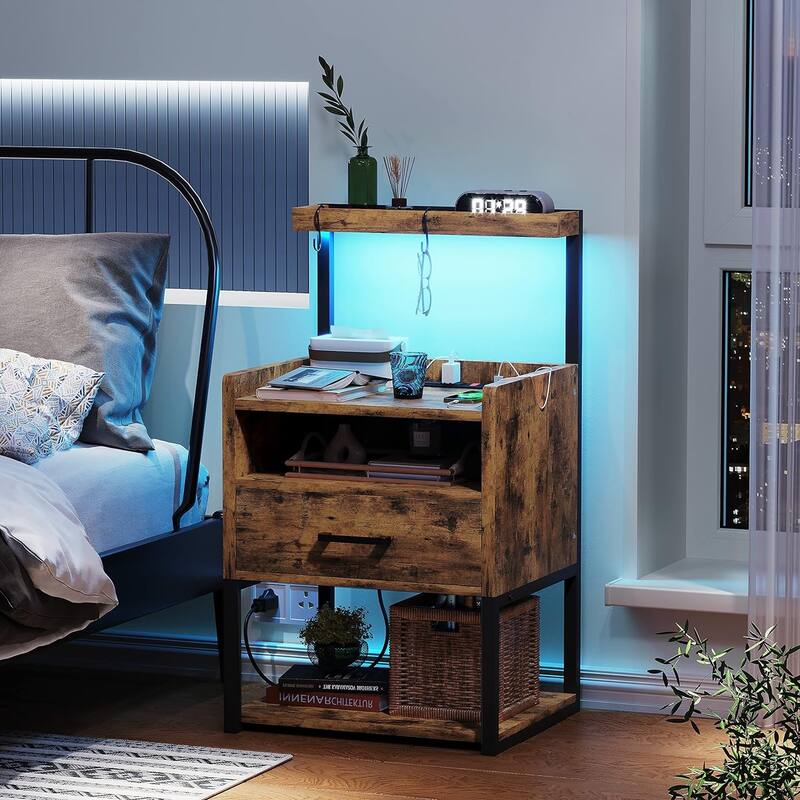 Nightstand with 1 Drawer Shelf USB Ports End Side Table