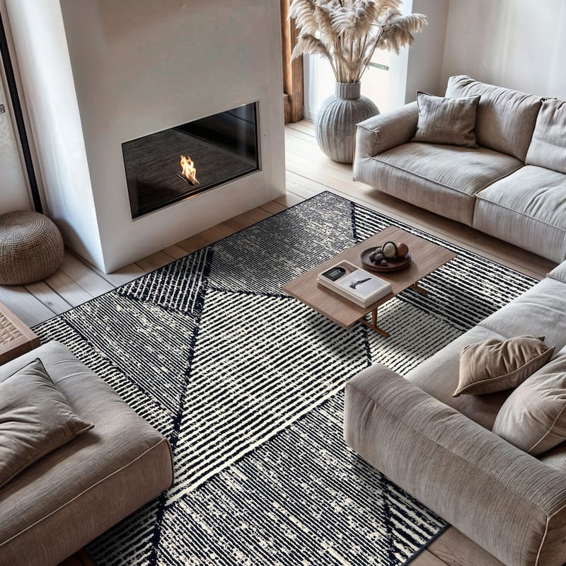 Contemporary Distressed Geometric Stylish Area Rug for Any Room - 7' 10" x 10' - Black