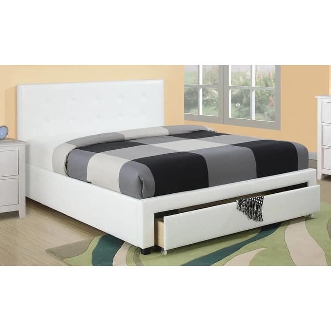 Queen Size White Upholstered Bed with Faux Leather Headboard and Under Bed Storage