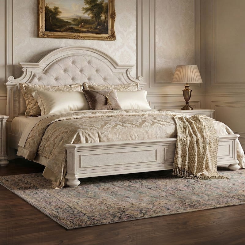 Roundhill Furniture Nelson French Traditional Tufted Upholstery Bed, Antique White - King