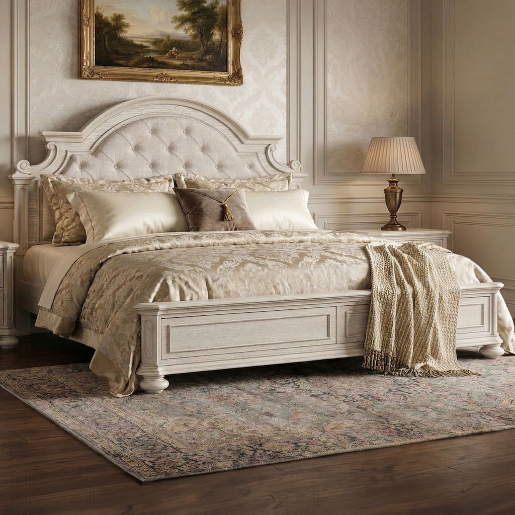 Roundhill Furniture Nelson French Traditional Tufted Upholstery Bed, Antique White