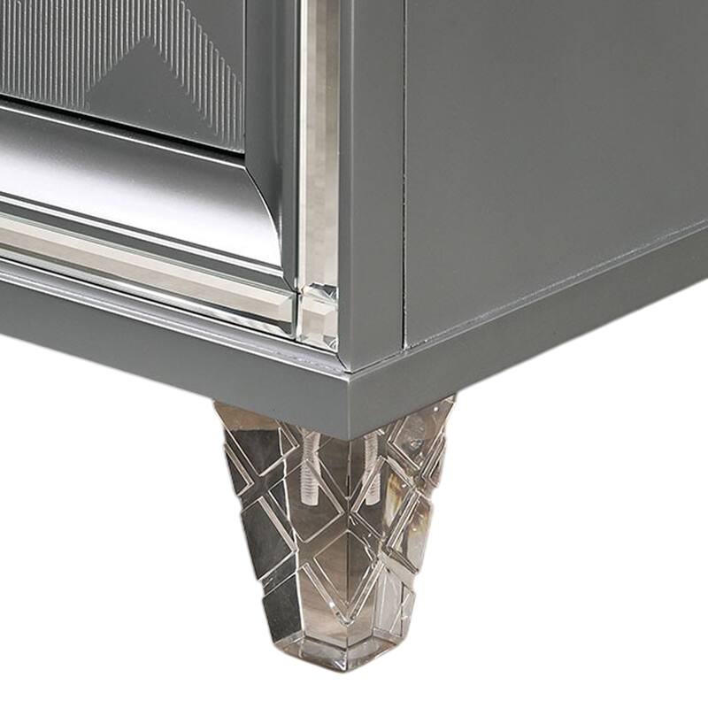 Lin Queen Size Bed w LED, Footboard Storage Drawers, Silver Upholstery