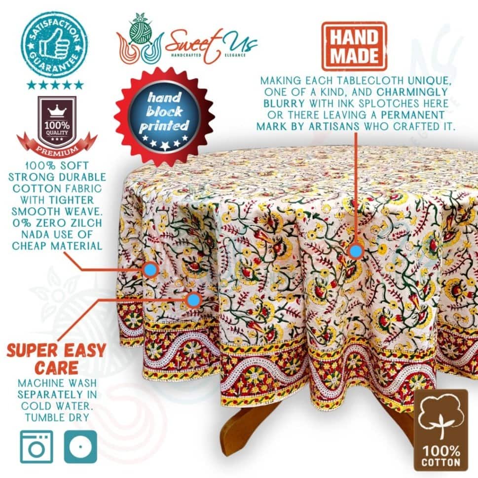 Block Print Tablecloth Round, Floral Vine, Olive - Paisley Elephant Olive Green Yellow Red