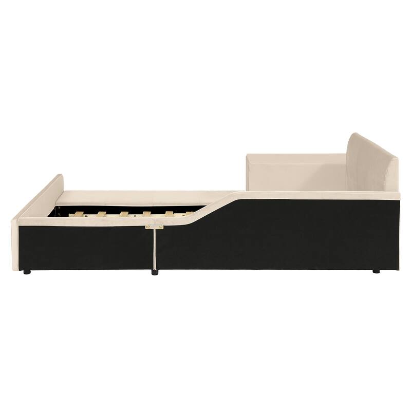 Roomfitters Full/Queen Size Upholstered Grounded Platform Bed with Bedside Desk and Round Stool, Velvet Fabric Bed Frame