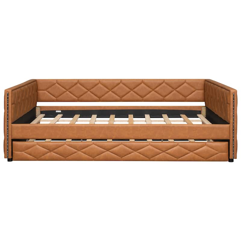 Full XL Size Upholstered Daybed with Trundle Bed and LED Armrests, Rhombic Blocks Frame Sofa Bed, U-shape Bed Frame
