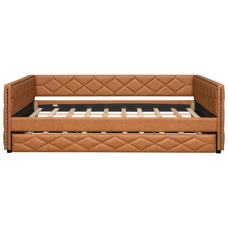 Roomfitters Full XL Upholstered Daybed with Pull-Out Trundle, Tufted Platform Sofa Bed for Guest Room