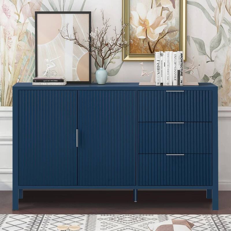 Modern Fluted 2-Door Sideboard with 3 Storage Drawers and Adjustable Hooks for Living Room,Entryway,Hallway