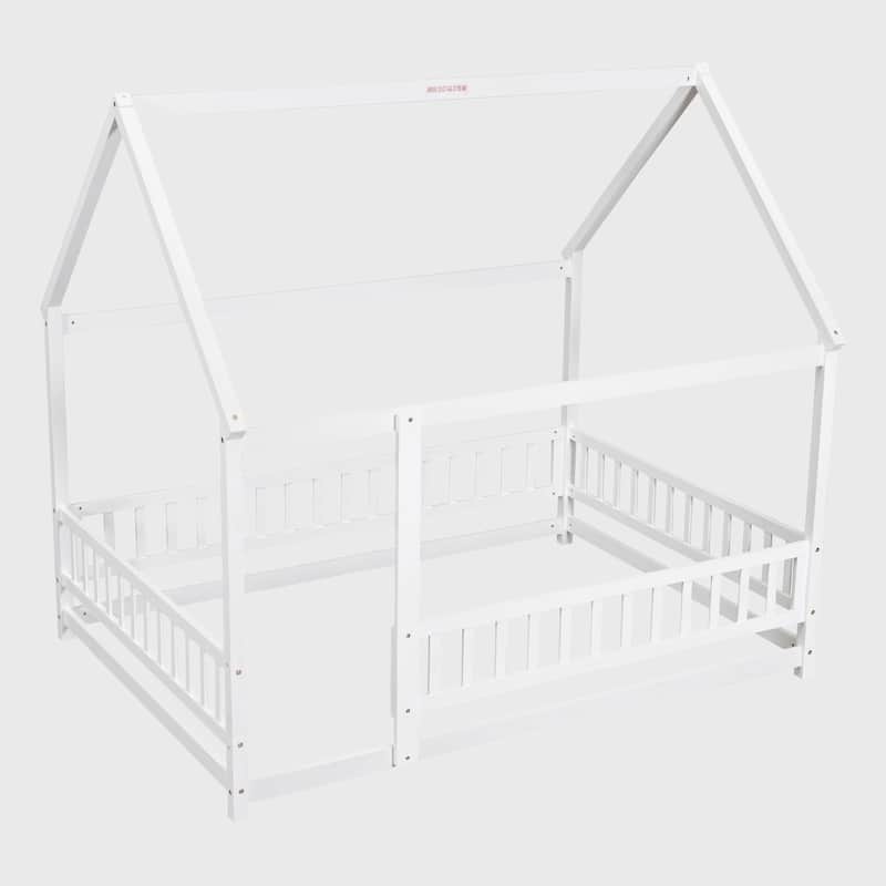 Full Size Floor Wooden Bed with House Roof Frame