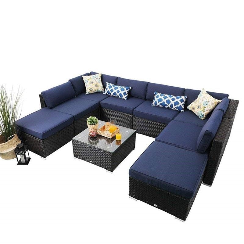 3-Piece, Turquoise Small Patio Wicker Furniture Set PHI VILLA Outdoor Rattan Sectional Sofa 