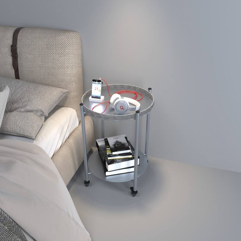 Silver Gray Rolling Coffee Table - 2-Tier Mobile Side Table with Wheels for Living Room, Bedroom & Small Spaces