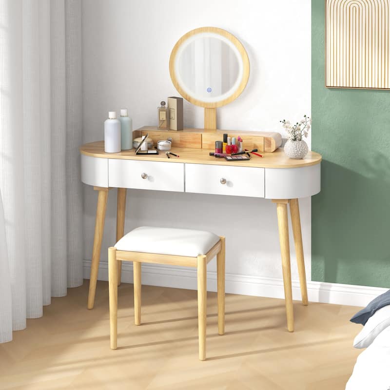Costway Solid Wood Makeup Vanity Desk Set with LED Lighted Mirror