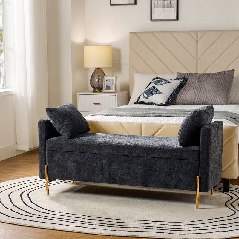 Angelus Upholstered Flip Top Storage Bench withTwo Pillows and Arms by HULALA HOME - Black