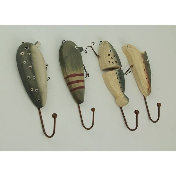 Rustic Wooden Vintage Fishing Lure Wall Hooks Set Of 4 - 7.25 X